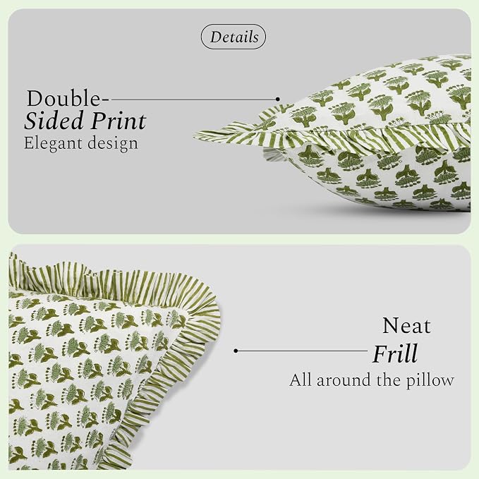 CPC Block Print Ruffle Throw Cover Emerald Green 18"x18" Inch Pack of 2-100% Cotton Ruffle Couch Decorative Boho Pillows Case for Living Room, Bedroom, Sofa, Farmhouse Gift for Spring, Mother's Day