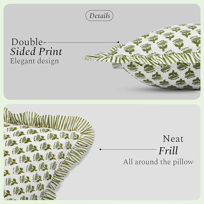 CPC Block Print Ruffle Throw Cover Emerald Green 24"x24" Inch Pack of 2-100% Cotton Ruffle Couch Decorative Boho Pillows Case for Living Room, Bedroom, Sofa, Farmhouse Gift for Spring, Mother's Day