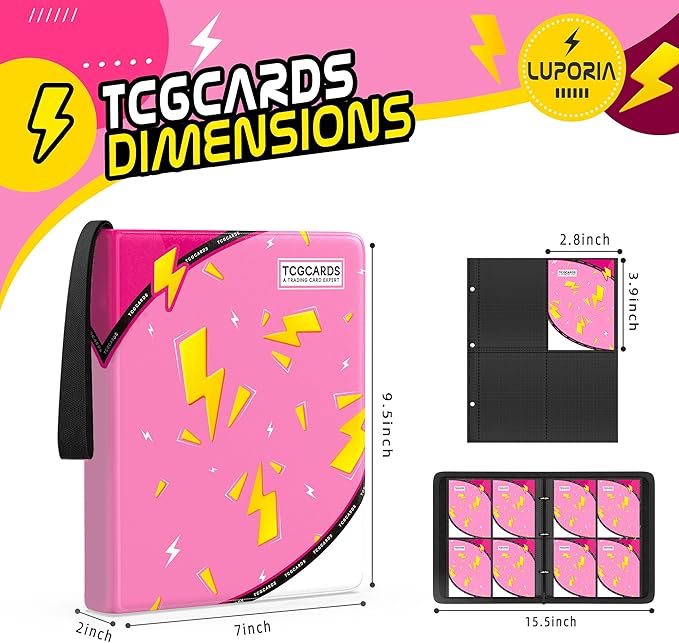 Trading Card Binder 4 Pocket,400 Pocket Card Collection Binder with 50 Removable Sleeves,PU Waterproof Top Card Book,3-Ring Zipper Collectible Trading Card Album for MTG/TCG/Card Holder Gift（Pink）