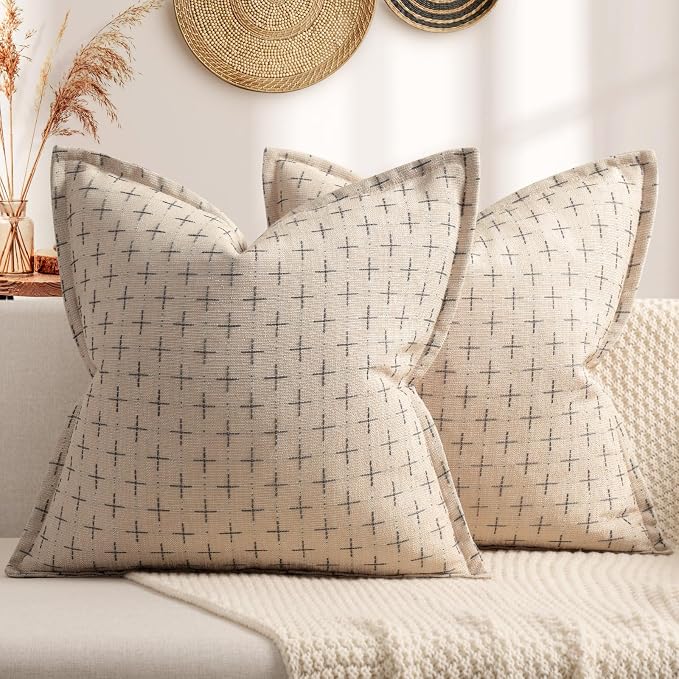 Pillow Covers 22x22 Set of 2 Soft Polyester Textured Pillow Covers with Stylish Flange Edge Cozy Farmhouse Throw Pillows for Couch Bed Sofa Living Room