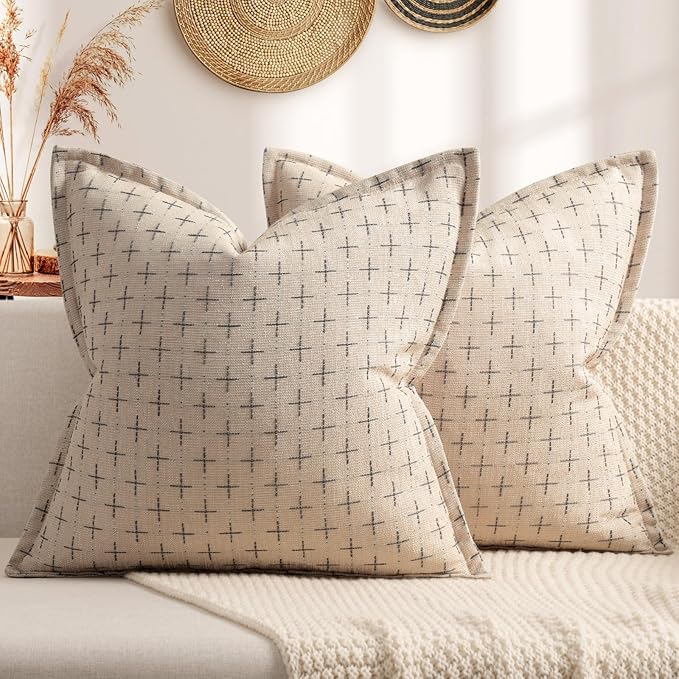 Pillow Covers 18x18 Set of 2 Soft Polyester Textured Pillow Covers with Stylish Flange Edge Cozy Farmhouse Throw Pillows for Couch Bed Sofa Living Room