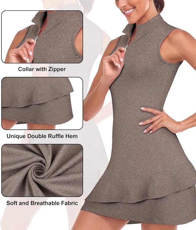 Viracy Tennis Dress for Women Sleeveless Golf Dresses with Shorts and Pockets Ruffle Zip Up Stand Collar Golf Outfits