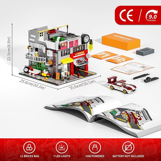 Street MOD Garage Lighting Building Bricks Set - Street Fusion City Car Modification Shop Modular Building Collection Kit 1935 Pcs for Adults & Teen & Car Lovers