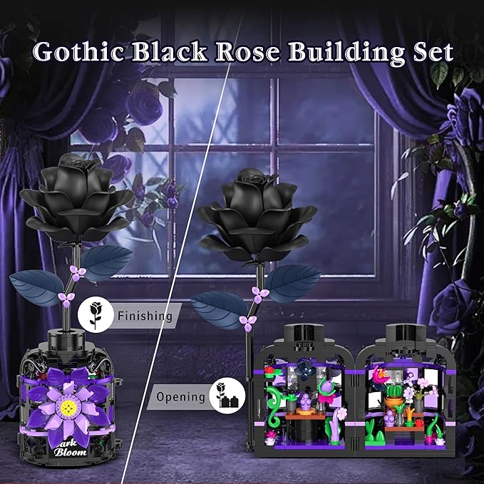 Gothic Black Roses Building Blocks Kit, Mysterious Dark Bloom with Vase Toy Building Sets for Boys Girls, 359 Pcs Artificial Flower Building Toys Halloween Decor Gifts for Kids Adults