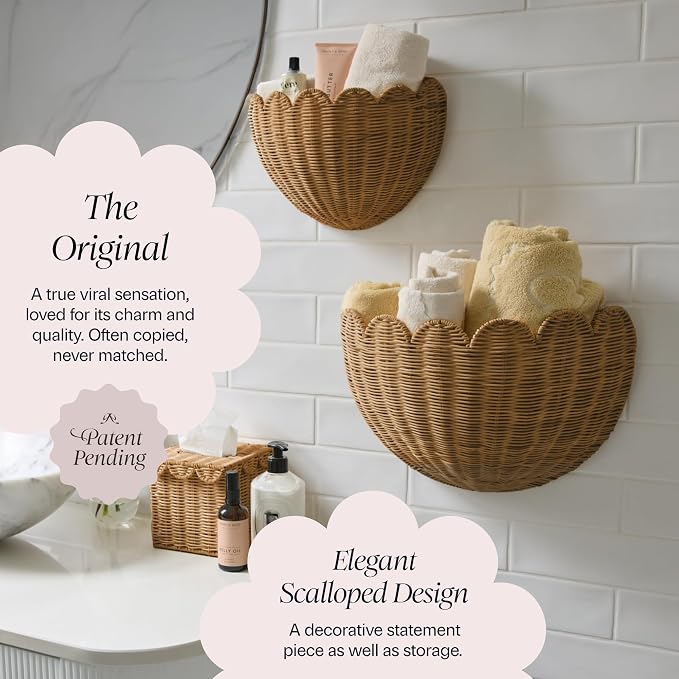BEBE BASK The Original Scalloped Wicker Wall Basket – Set of 2 (16x10x7 In) | Handwoven Scalloped Wall Baskets, Rattan Wall Hanging Baskets, Wall Storage Basket for Nursery, Living Room, Mocca