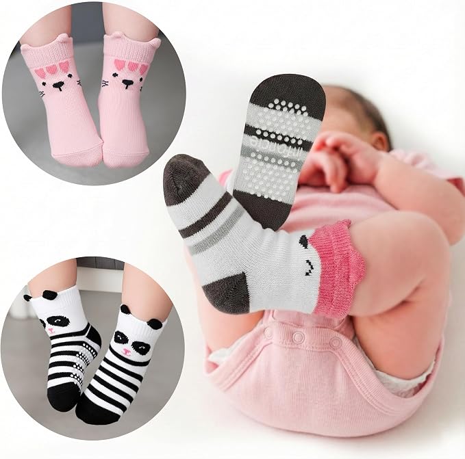 Organic Cotton GOTS Certified Non-Slip Baby Socks 0-6 Months - 7 Pairs Soft Breathable Newborn Socks Animal Design For Infant