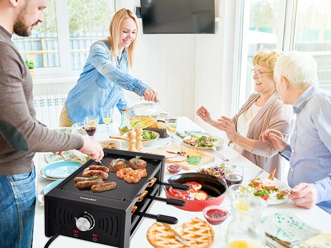TAMARIT Raclette Party Grill, Indoor Electric Table Grill | Raclette Maker, Cast Aluminum Grill Plate, 8 Cheese Trays, 4 Pizza Pans, Dual Heater, for Family Gatherings and BBQ Parties