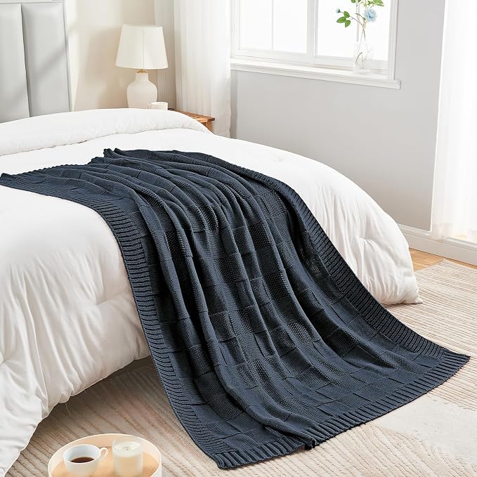 CozeCube Navy Blue Knitted Checkered Throw Blanket 60"X80" | Check Knit Throw for Couch, Decorative Christmas Soft Cozy Warm Blanket for Bed Sofa Living Room