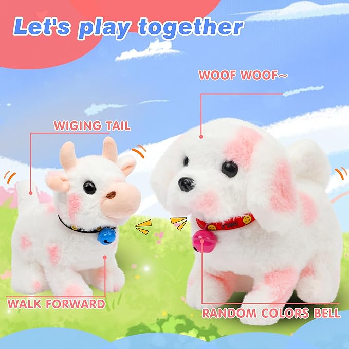 Hopearl Walking Point Dog Interactive Electronic Pet Plush Toy Puppy Woof and Moving Animated Nodding Head Gifts for Toddlers Birthday, Pink, 7''