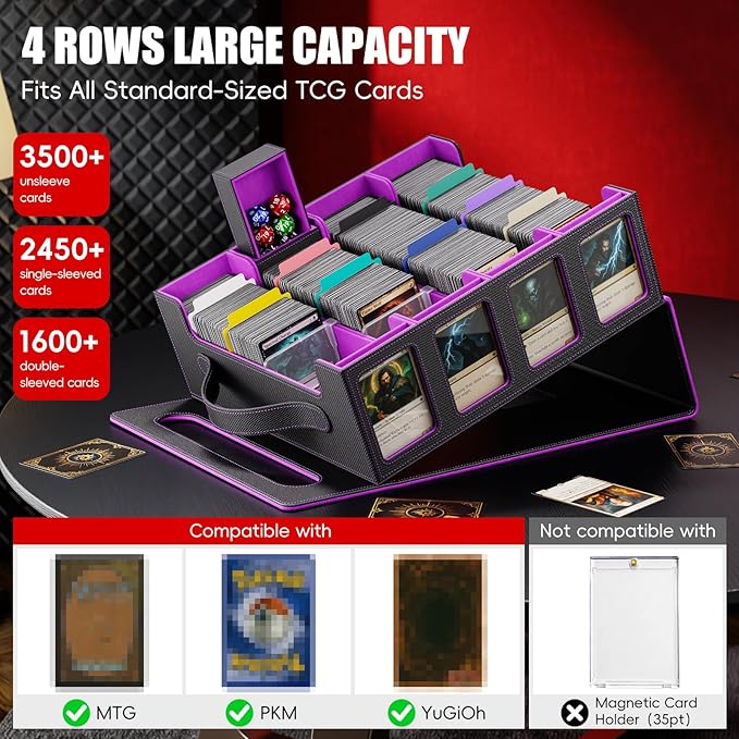 Trading Card Storage Box – 3500+ Magnetic MTG Deck Box with Handle,Commander & Toploader Display, Dice Box,4 Dividers & 30 Color Labels–Fits for TCG,MTG,Yu-Gi-Oh and Sport cards(Black/Purple)