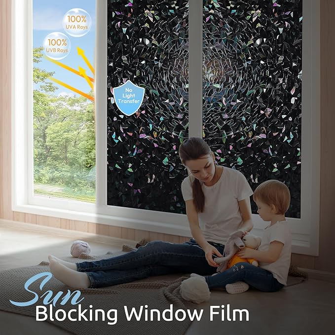 rabbitgoo Rainbow Window Privacy Film, Stained Cling, Black, 11.8" x 78.7" | Decorative Static Sticker, Non-Adhesive Reusable Window Tint, Heat Control UV Blocking Coverings for Home Doors, Living Room
