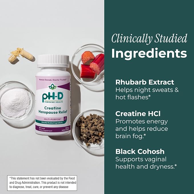pH-D Feminine Health Creatine Menopause Relief, Brain Fog, Hot Flash, and Dryness Management, Menopause Pills (60 ct)