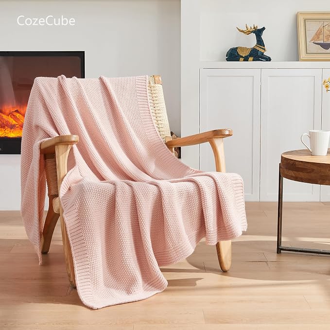 CozeCube Pink Seed Stitch Throw Blanket 60"x80", Farmhouse Decor | Blanket for Couch, Soft Cozy Cable Knit Throw for Bed Sofa Living Room, Lightweight Warm Decorative Christmas Blanket