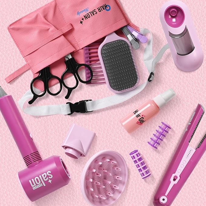 Madzee Girls Beauty Hair Salon Toys for Girls, Pretend Play Hair Stylist Toy Kit with Hairdryer, Pretend Play Hair Styling Toy Playset, Pink