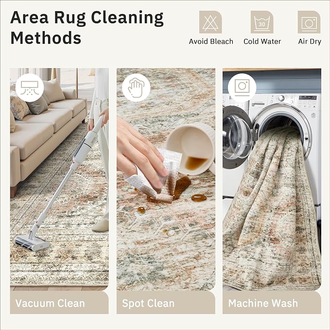 Soalmost 10x14 Area Rugs for Living Room Washable Rug Non-Slip Brown/Pink | Large Vintage Stain Resistant Carpet for Dining Bedroom, Low Pile Lightweight Foldable Floor Mat Nursery Home Office Decor