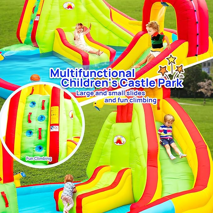 Heavy Inflatable Water Slide Park, Double Slide Climbing Wall Fountain for Outdoors, Equipped with Air Blower