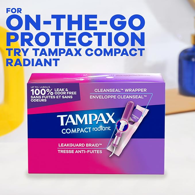 Tampax Radiant Tampons, with LeakGuard Braid, Light Absorbency, Up to 100% Leak and Odor Free Protection, Unscented, 84 Count (3 Packs of 28)