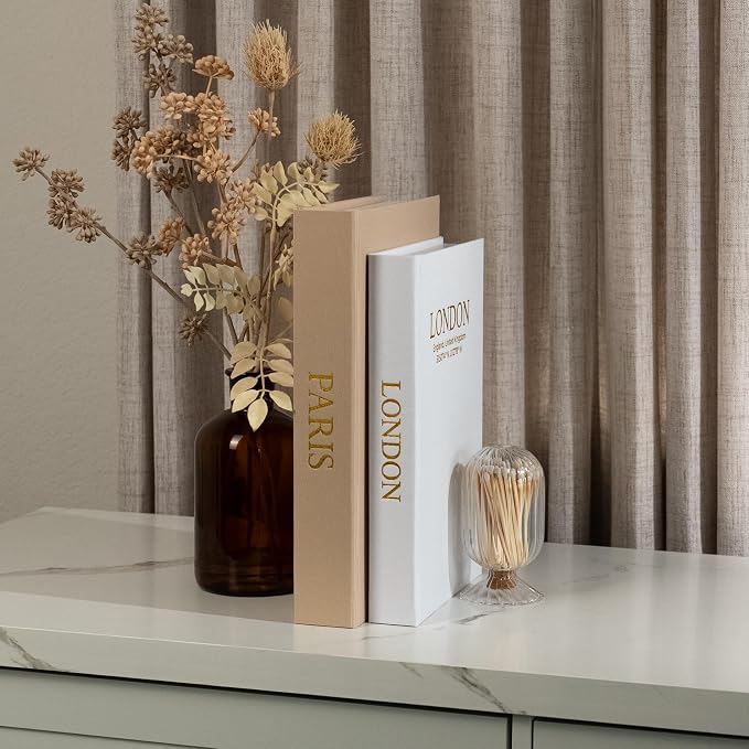 Decorative Books with Storage (Caramel/Beige) – Set of 2 Faux Linen Book Boxes with Gold Stamped Covers – Enhance Your Coffee Table, Bookshelf Decor – Hidden Storage for Photos, Keepsakes, and Jewelry