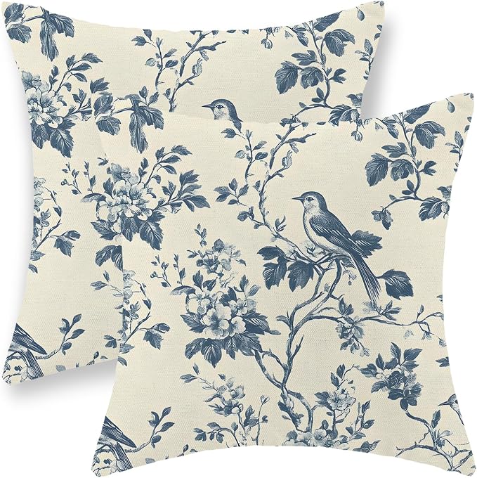Chinoiserie Pillow Covers 18x18 Inch Set of 2 Blue Floral Bird Throw Pillows Vintage Blue Flower Decorations Pillow Cases Outdoor Chinoiserie Decor Farmhouse Linen Cushion Cover for Couch Home