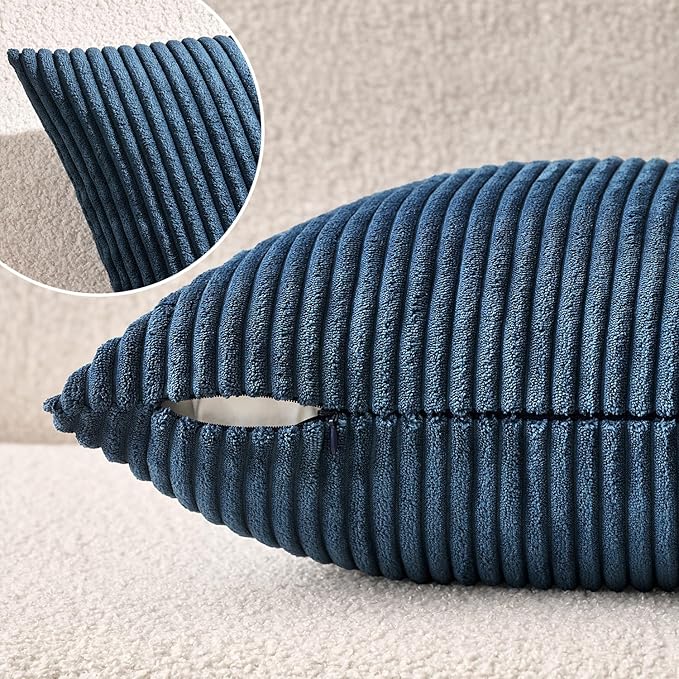 MIULEE Decorative Corduroy Throw Pillow Covers Set of 2 18x18 Navy Blue | Soft Striped Textured Cushion Cases, Boho Coastal Square Pillowcases for Home Decor, for Couch Chair Sofa Bed Living Room