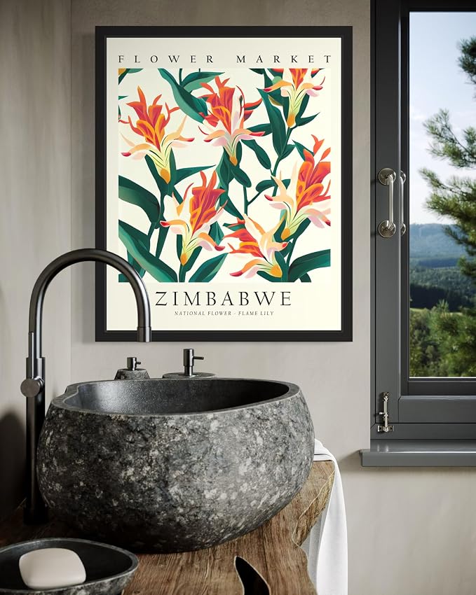 Zimbabwe, Flame Lily Art Print Poster, Flower Market Wall Art, Floral Artwork Decor for Bedroom, Kitchen, Bathroom, Livingroom Decoration 52 (Zimbabwe, Flame Lily, 14"L x 11"W, Unframed)