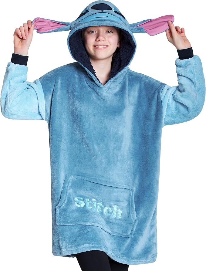 Disney Stitch Fleece Hoodie Blanket for Kids and Teenagers - One Size Fluffy Oversized Hoodie - Stitch Gifts