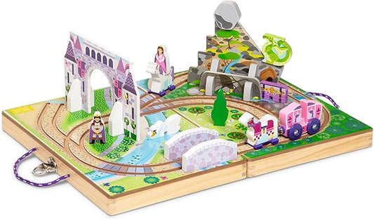 Melissa & Doug 19-Piece Wooden Take-Along Tabletop Kingdom – Carriage, Horse, Unicorn, Dragon, More
