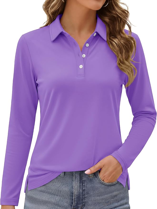MAGCOMSEN Long Sleeve Polo Shirts for Women Golf Tops with Collar Work | UPF 50+ Sun Protection, 4 Buttons, Moisture Wicking, Breathable, 4-Way Stretch, Collared, Quick Dry, Active, Casual, Tennis