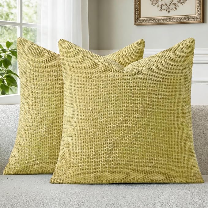 a moment Yellow-Green Chenille Throw Pillow Covers 22x22 Inch Pack of 2 Modern Decorative Throw Pillow Covers Farmhouse Cross Covers Home Decor for Sofa Bedroom Living Room