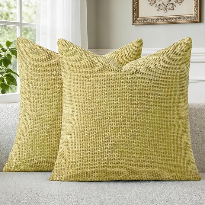 a moment Yellow-Green Chenille Throw Pillow Covers 24x24 Inch Pack of 2 Modern Decorative Throw Pillow Cases Farmhouse Cross Covers Home Decor for Sofa Bedroom Living Room