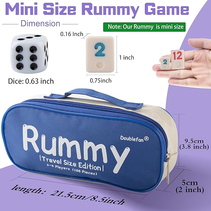 Doublefan Mini Rummy Cube Set, Mini Size Rummy Game with Portable Bag, Small Travel Game for Adult and Kids,106 Tiles, 4 Playing Rack, 1 Dice (2-4 Players)
