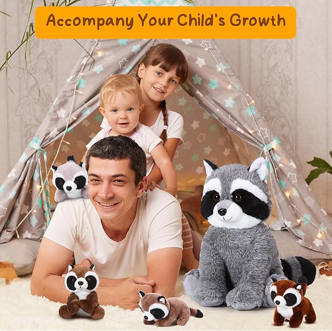 5 Pcs Raccoon Stuffed Animal Set Adorable Mommy Raccoon Plush with 4 Cute Babies in Tummy Soft Cuddly Plushie for Birthday Woodland Party Decor(Cute Style)