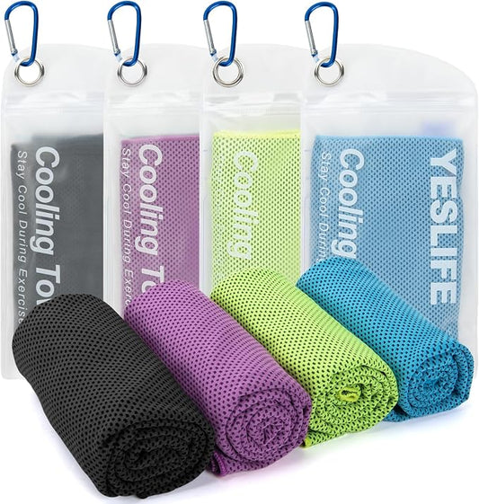 YESLIFE 4 Pack Cooling Towels (40"x12"), Gym Sweat Towels, Cooling Neck Wraps, Soft Breathable Microfiber Towels for Yoga, Running, Sport, Workout, Camping & More (Multicolor)