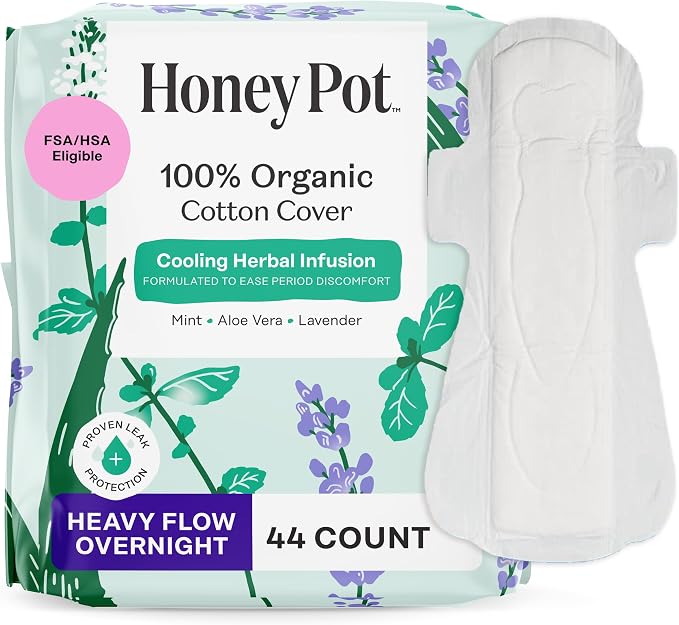 The Honey Pot Company - 44ct - Herbal Sanitary Pads for Women - Heavy Flow Overnight w/Wings - Infused w/Essential Oils for Cooling Effect & Organic Cotton Cover - Feminine Care