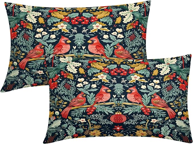 Christmas Lumbar Pillow Covers 12X20 Inch Cardinal Red Birds Berry Leaves Decorative Pillow Cases Set of 2 Xmas Winter Holiday Throw Pillows Farmhouse Home Decor for Sofa Couch Cushion Outdoor