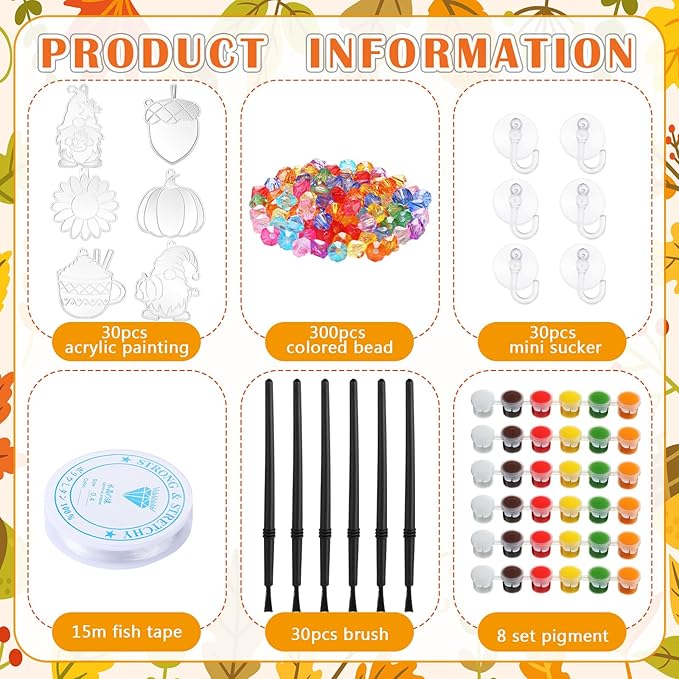 30 Sets Thanksgiving Day Fall Suncatchers Window Art Kits, Autumn Leaf Pumpkin Acorn DIY Sun Catchers Crafts Bulk Window Paint Art Ornaments for Classroom Home Party Activity (Autumn Style)