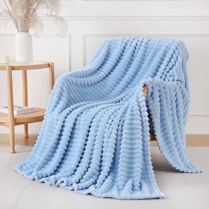 Light Blue Throw Blanket for Couch Sofa 90x90 inches Striped Design | Fleece Blankets Room Home Decor Lightweight Plush Soft Cozy Gifts for Women Mom