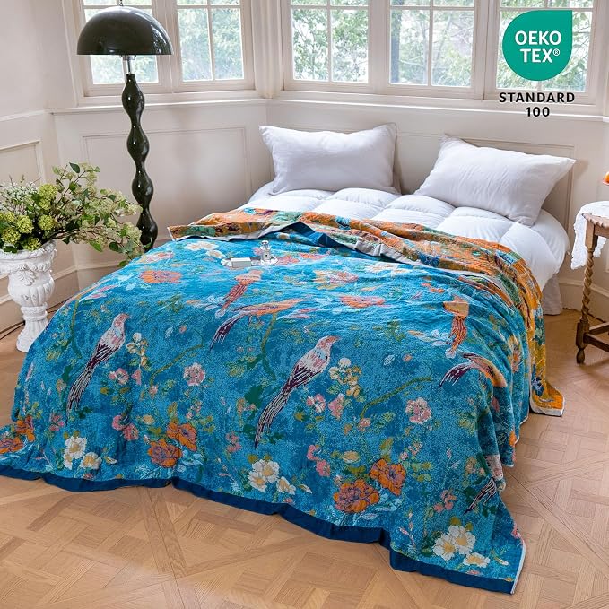 MSGKV Boho Throw Blanket 50"x60" 100% Cotton Floral Bird Throw for Couch | 100% Cotton Throw, Floral Bird Pattern, Reversible Woven, Breathable Lightweight, Farmhouse Decor, Machine Washable