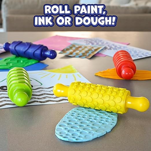 Ready 2 Learn Paint and Dough Texture Rollers | Set of 4 | Patterned Rolling Pins for Kids | Play Dough Accessories and Art Tools
