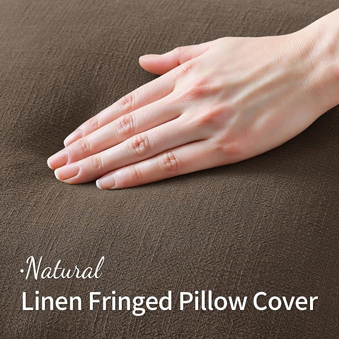 MIULEE Linen Fringe Decorative Euro Pillow Covers Chocolate Brown 22x22 | Set of 2, Cottagecore Decor, Boho Farmhouse Neutral Throw Pillow Covers, Rustic Fall Couch Cushions for Sofa Bed Living Room