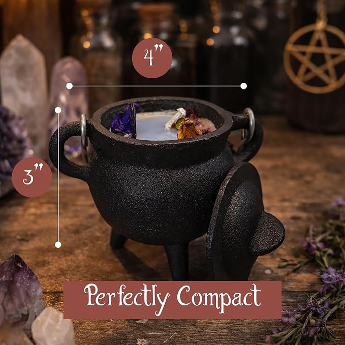 Reusable 4 Inch Cast Iron Cauldron Candle with Lid and Hanging Handle for Spell Casting, Smudging, Ritual & Blessings Pot Belly Witchcraft Candle Aromatherapy Scented (White Sage)