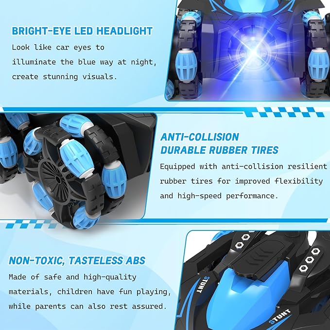 Eulogia RC Stunt Car for Boys 5-12, High Speed 360° Rotating, Drift 4WD Remote Control Car with Headlights, 2.4GHz Electric Rechargeable Race Stunt Toy Car for Boys Girls Birthday (Blue)