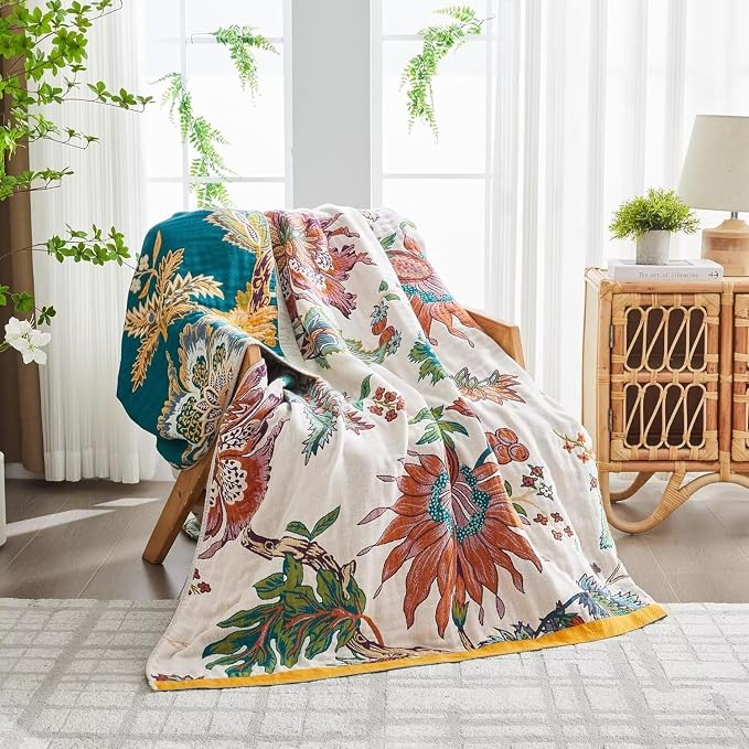 Boho Throw Blanket for Bed 100% Cotton Bohemian Blankets Ultra Soft Woven Muslin Decorative Blankets All Seasons Vintage Quilt Knitted Blanket for Sofa Chair(Beige, 90"x98")