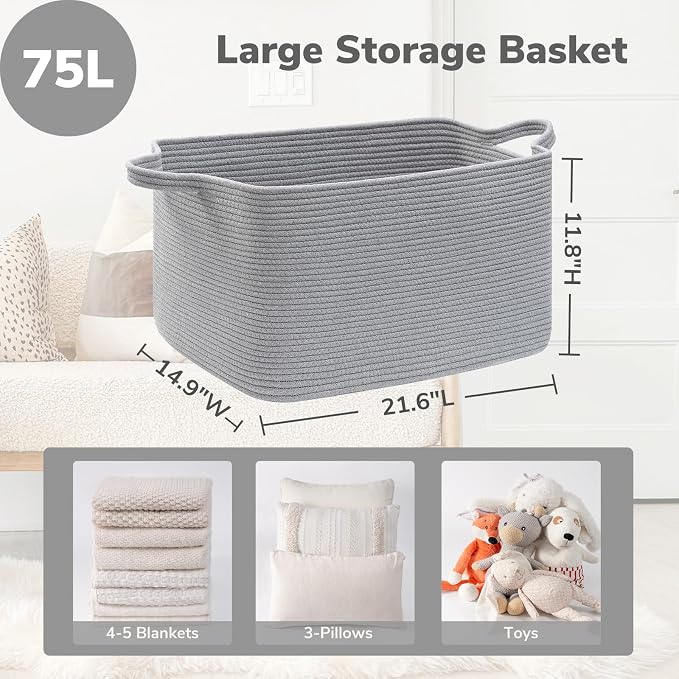 Goodpick Large Woven Rope Blanket Basket, Rectangle, Gray, 75L | 21.6'' x 14.9'' x 11.8'' Storage Basket for Toys, Blankets & Towels, Living Room & Nursery Organization, Reinforced Handles