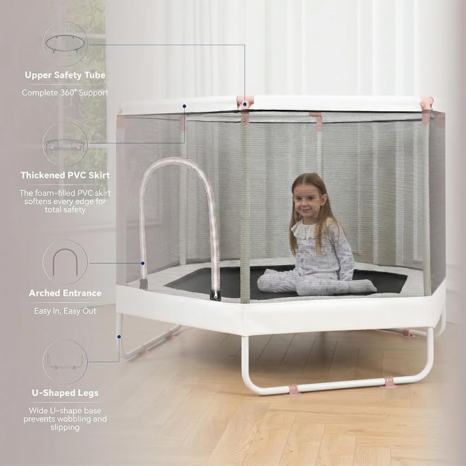 LUSK 60'' Kids Trampoline, Indoor Toddler Trampoline with Safety Net, 500lb Capacity, Safe No-Gap Design & Kid-Friendly Materials, Gifts for Boys & Girls