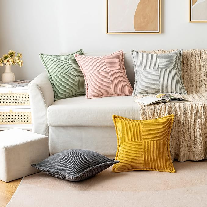 MIULEE Decorative Throw Pillow Covers for Couch 18x18 Inch Light Grey | 2 Pack, Boho Broadside Striped Patchwork Pillow Covers, Soft Corduroy Cushion Cases, For Sofa Bed Livingroom Home Decor