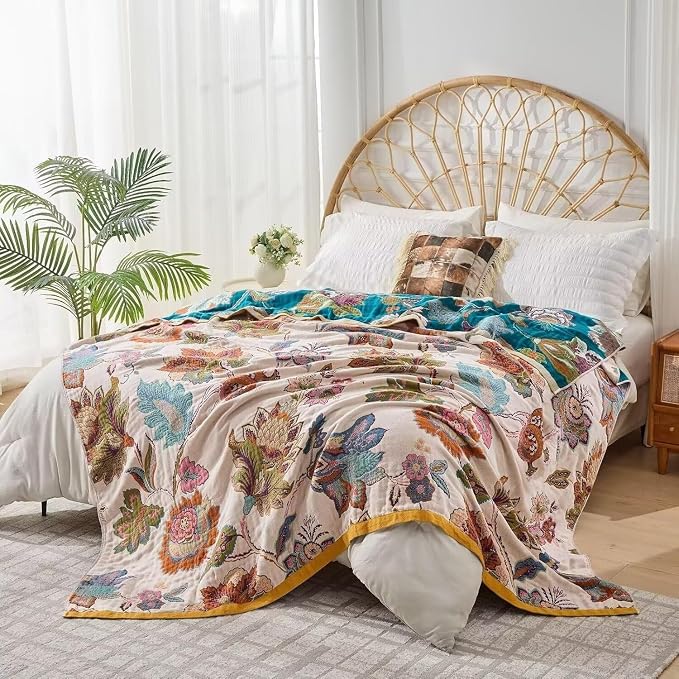 Boho Throw Blanket Farmhouse Decor Throw Blanket Bohemian Blanket for Bed 100% Cotton Muslin Woven Couch Blanket All Seasons Quilt Bedroom (B-Beige, 80"x90")