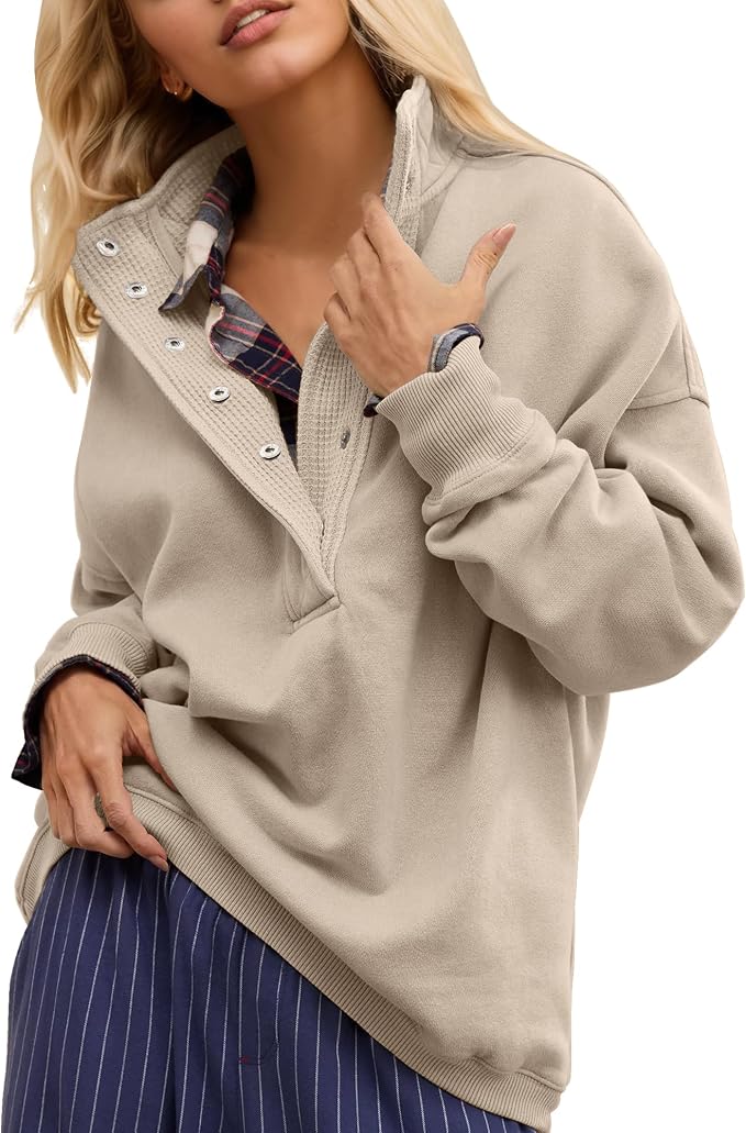 Gacaky Sweatshirt for Women Oversized Casual Long Sleeve Button Henley Neck Pullover Tops Fashion Outfits Clothes