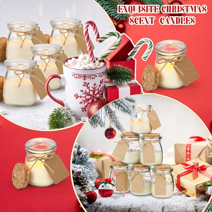 MTLEE 24 Pcs Christmas Jar Candles Thanksgiving Candles Natural Wax Jar with DIY Tag Cards Holiday Gift for Christmas Friendsgiving Party Favor Home Decor, Scents of Pine/Pumpkin/Misty Forest/Berries