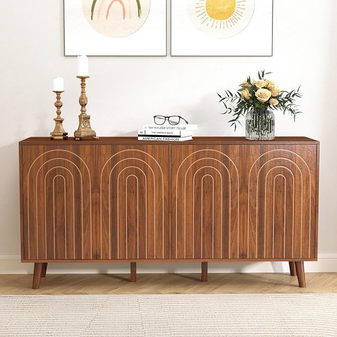 weselon 59" Buffet Cabinet with Storage, Modern Accent Sideboard Storage Cabinet with 4 Doors & Carving Lines, Wooden Coffee Bar Table Console for Living Room Kitchen Office and Hallway (Walnut)